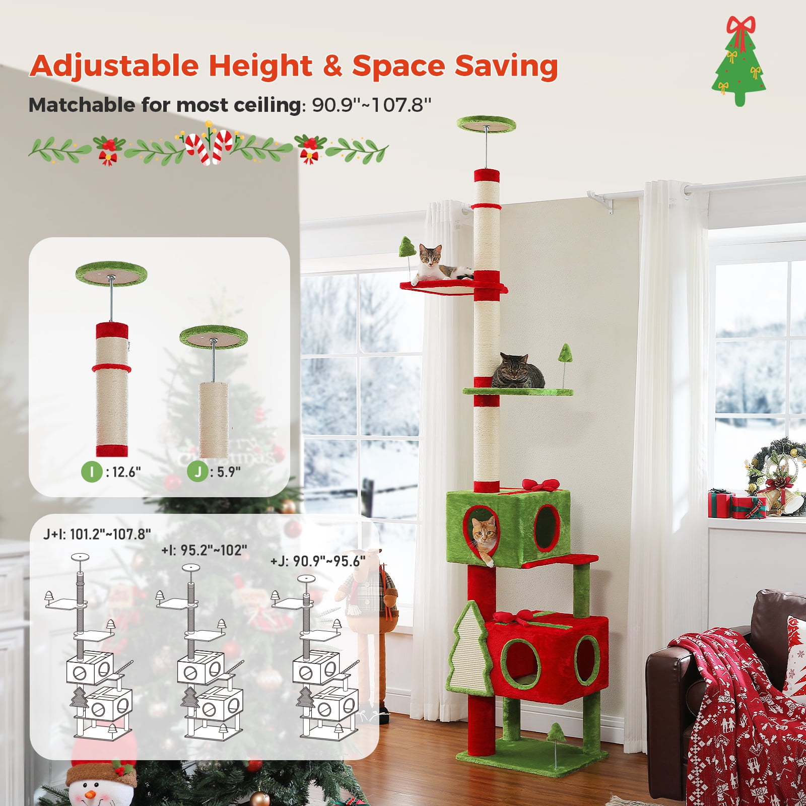 Pefilos Christmas Tall Cat Tree for Large Indoor Cats, 90''-107'' Floor to Ceiling Cat Tower with 2 Condos, Sisal-Covered Scratching Post & Pad and Bow Toy, Red