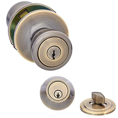 Exterior Door Knob With Lock and Deadbolt, Bell, Antique Exterior Door Knob With Lock and Deadbolt, Bell, Antique