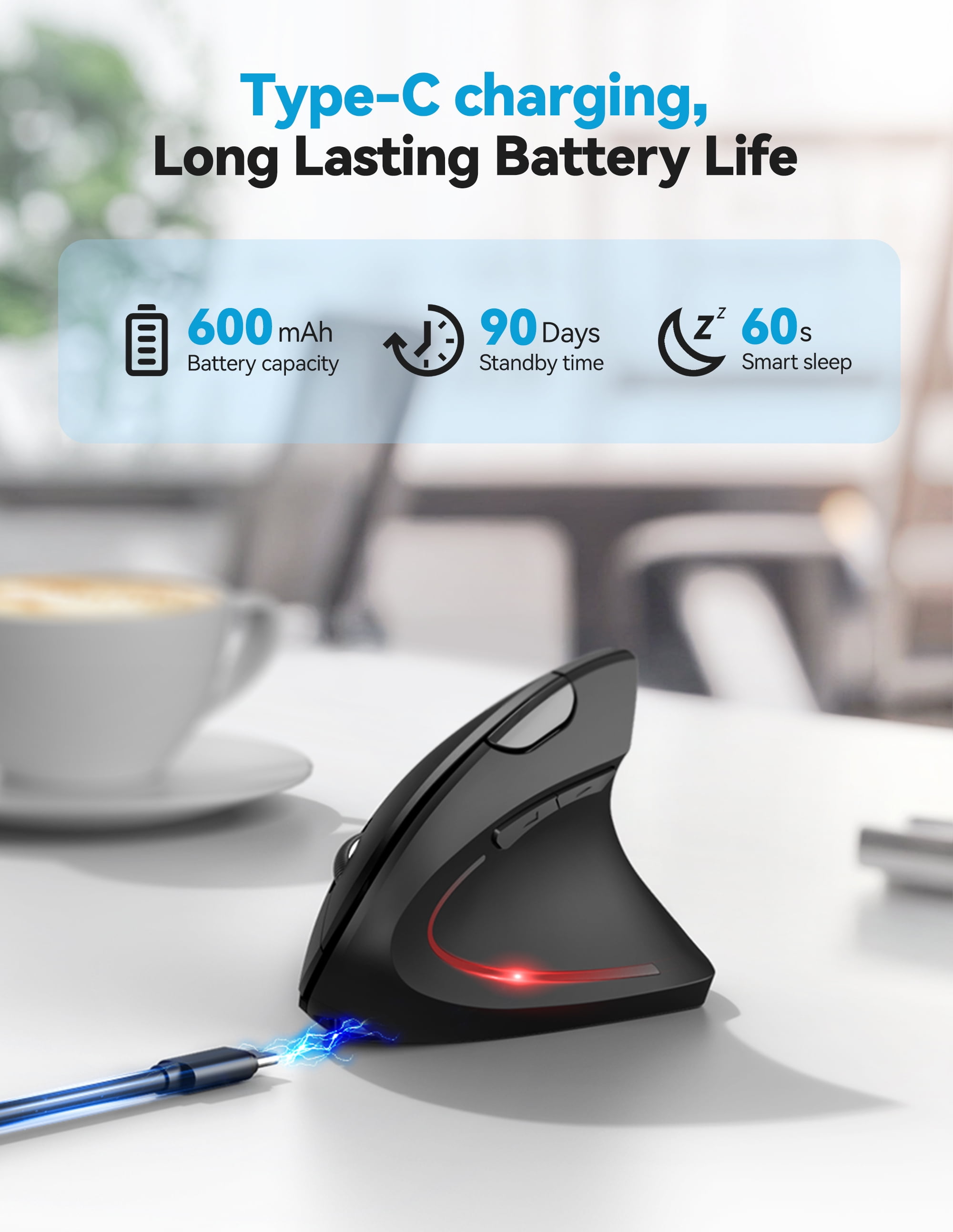 TECKNET Ergonomic Mouse, Rechargeable 2.4G+Bluetooth Vertical Mice 6 DPI Adjustable, Wireless Optical Carpal Tunnel Mouse Right Hand, Multi Device for Laptop, PC, Computer, MacBook, iPad - Black