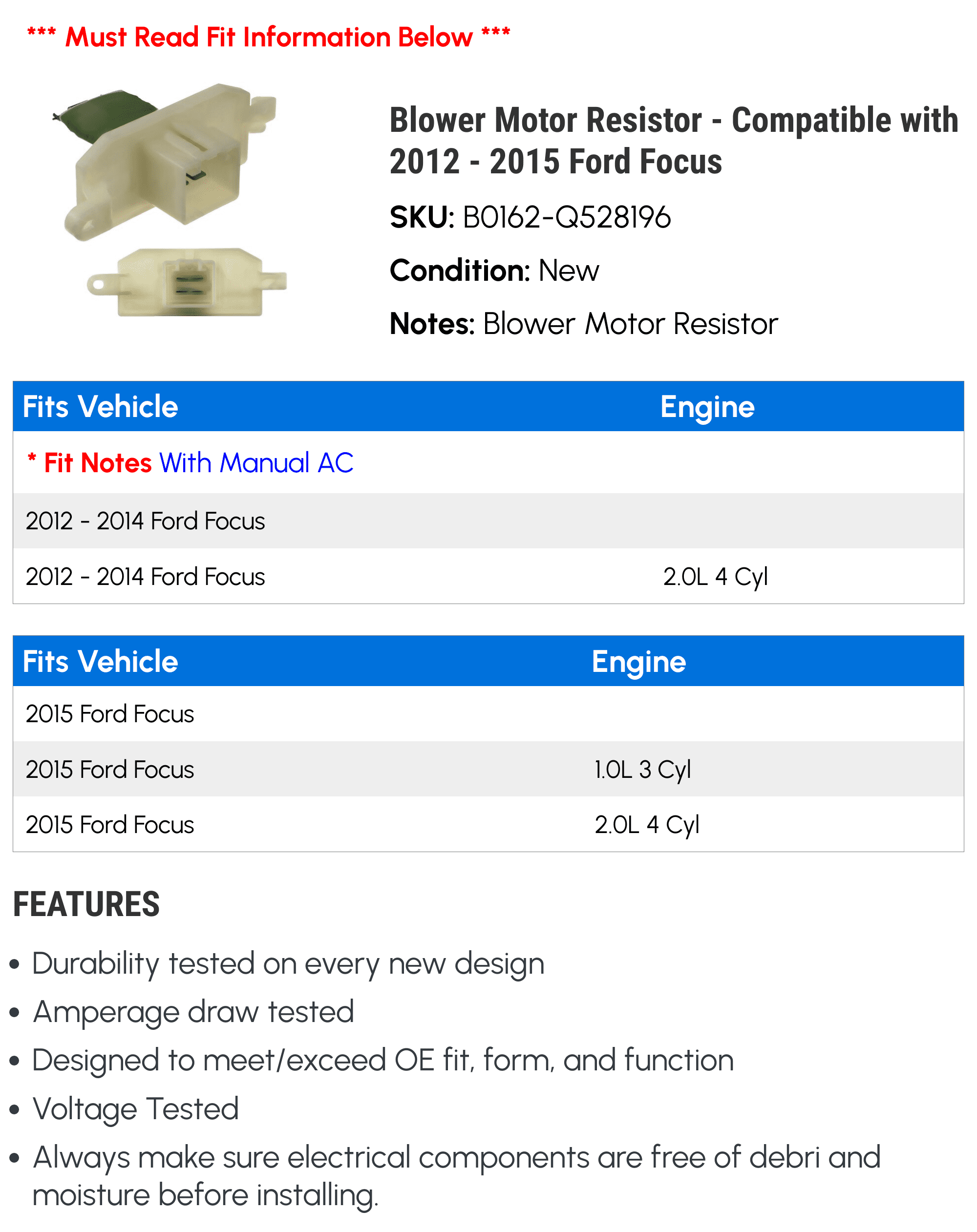 Blower Motor Resistor - Compatible with 2012 - 2015 Ford Focus 2013 2014