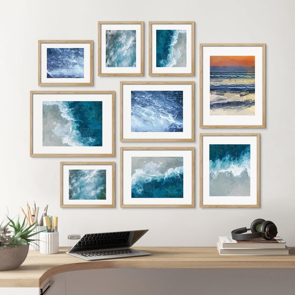 PixonSign Framed Canvas Print Wall Art Set - Blue Seawave and Seafoam Seaside Poster Arts - Ocean Bay Print Gallery Set of 9 Modern Beach Aerial Illustrations Wall Décor for Home - Natural