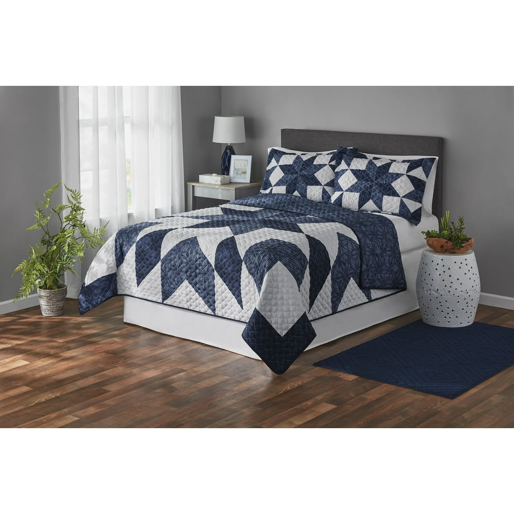 Mainstays Reversible Classic Blue Star Quilt, King, 1Piece Walmart