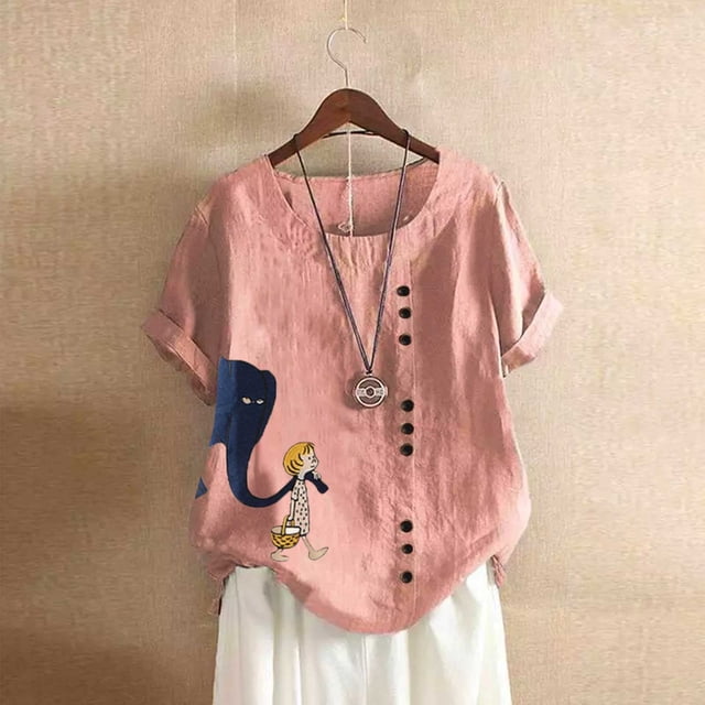 LOVZFMLL Hauts d'Été pour Femmes Mode Été Col Rond Loisirs Manches Courtes Boutons Imprimés Hauts