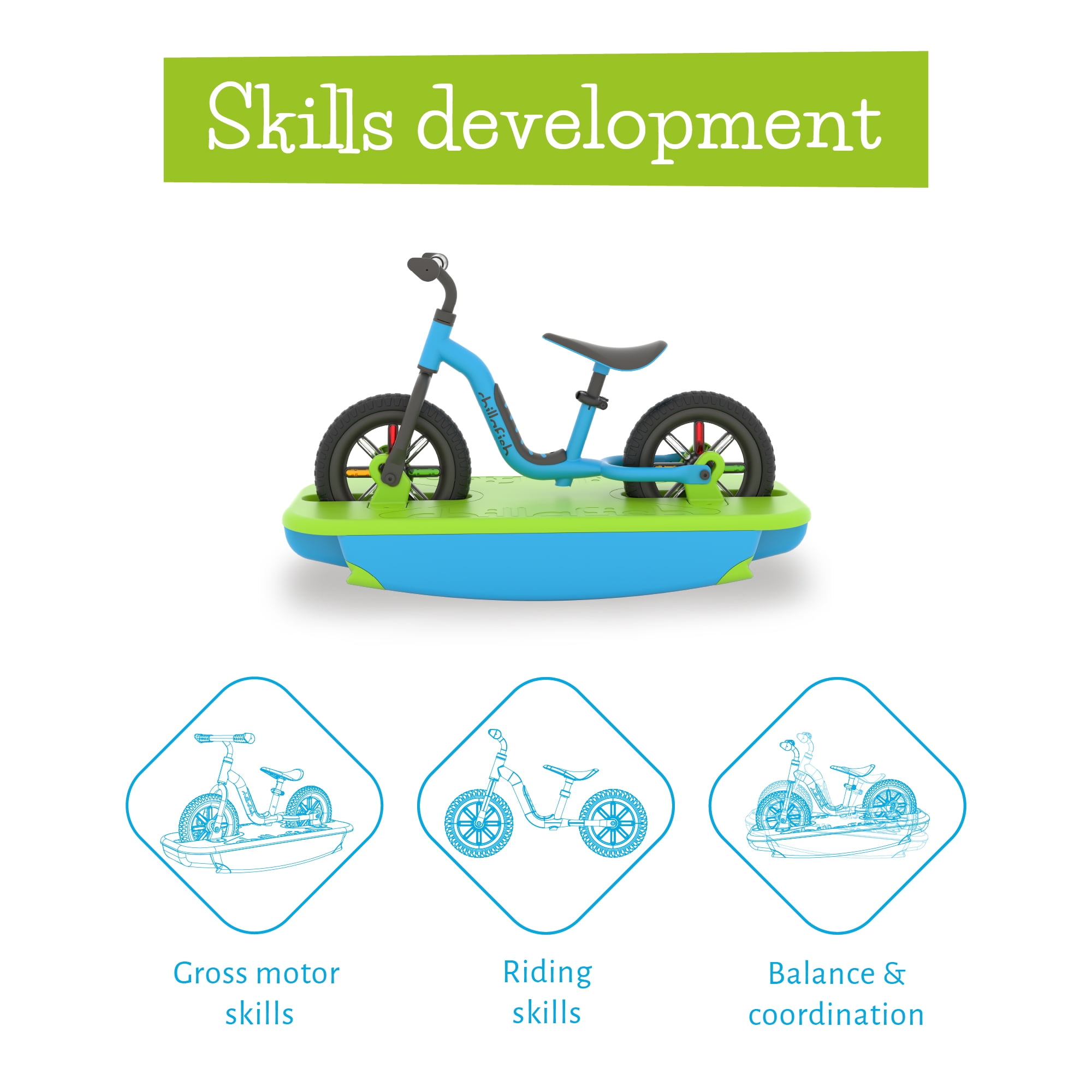 Chillafish Buzzi & Rocki, 2-in-1 Ride-On Toy, Rocker Base + 10" No-Pedal Balance Bike, Stable Learn-to-Balance Set, Ages 1,5-4 Years, Blue-Green