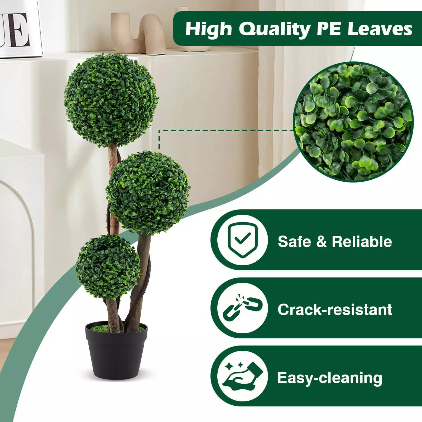 Harmijoy Artificial Boxwood Topiary Tree, 36" Faux Potted Plant w/3 Topiary Balls, Solid Wood Trunks, Mimic Rattans & Moss, Premium PE Leaves