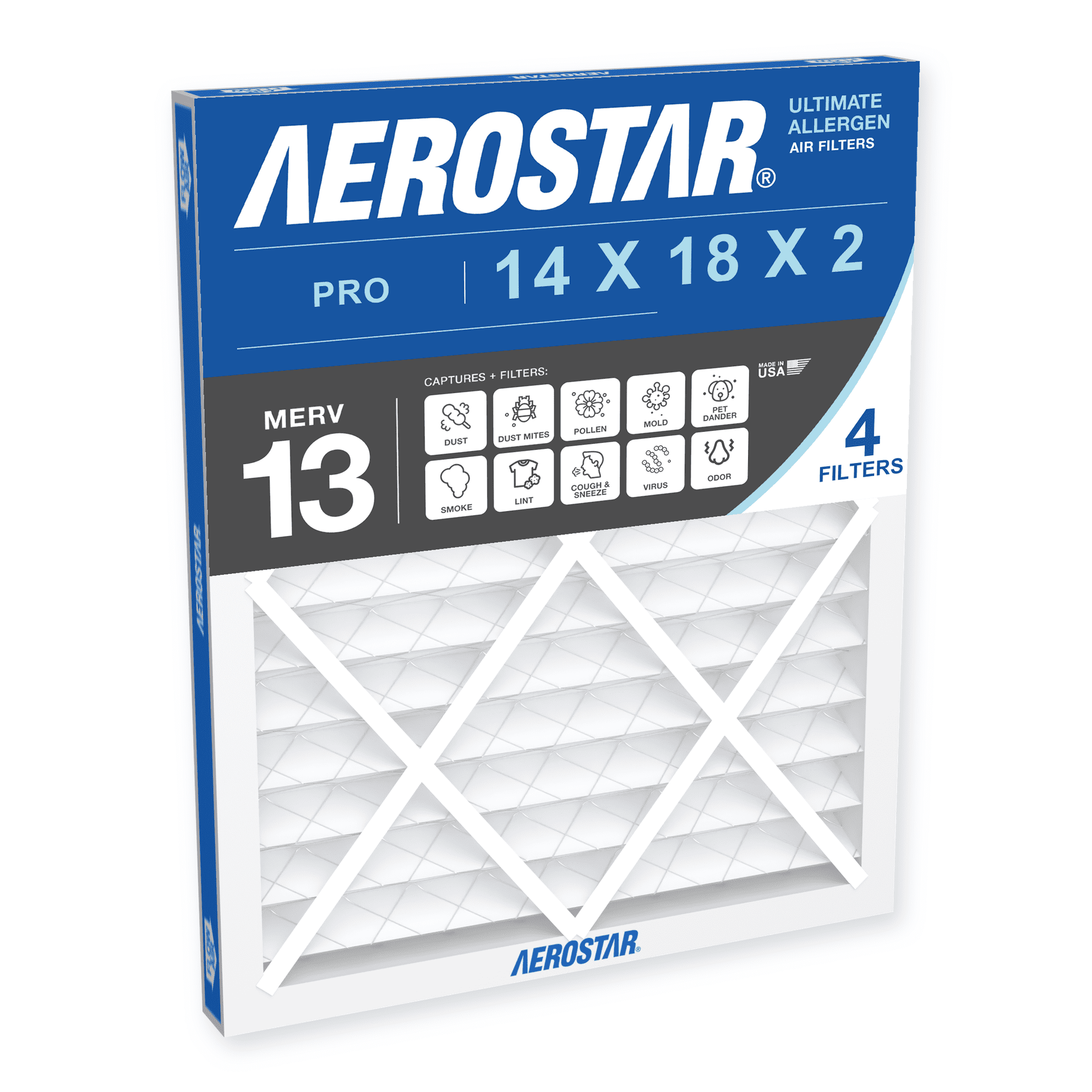 Aerostar 14x18x2 MERV 13 Air Filter Pleated AC Furnace HVAC Smoke Bacteria Allergy 4 Pack
