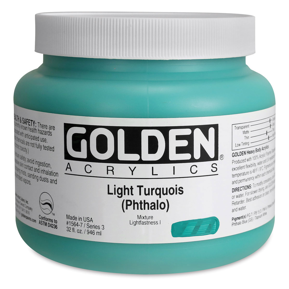 Golden Heavy Body Artist Acrylics - Light Turquoise (Phthalo), 32 oz Jar