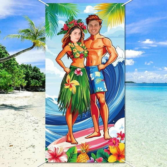 Luau Photo Door Banner Hawaiian Party Decorations Large Banner Couple Surfing Face in Hole Photo Prop for Tropical Beach Party 35.43x70.87 Inch Colorful