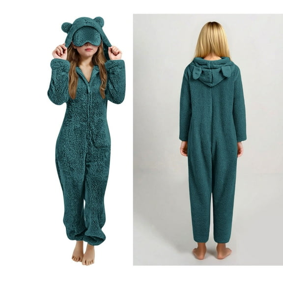 Animal Onesie Warm Pajamas with Eye Mask for Girls Bear Hooded One-Piece Sleepwear Boys Pajamas with Zip Up One-Piece Loungewear Cold Weather Teen Clothes 11-12 Years