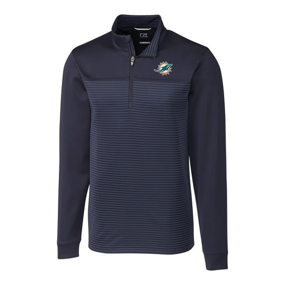 Men's Cutter & Buck Navy Miami Dolphins Big & Tall Traverse Stripe Quarter-Zip Pullover Jacket