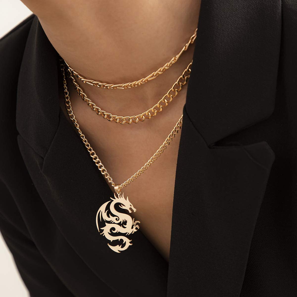 Punk Layered Choker Necklace Dragon Pendant Necklace Figaro Link Chain Necklace for Women and Girls Gold Walmart