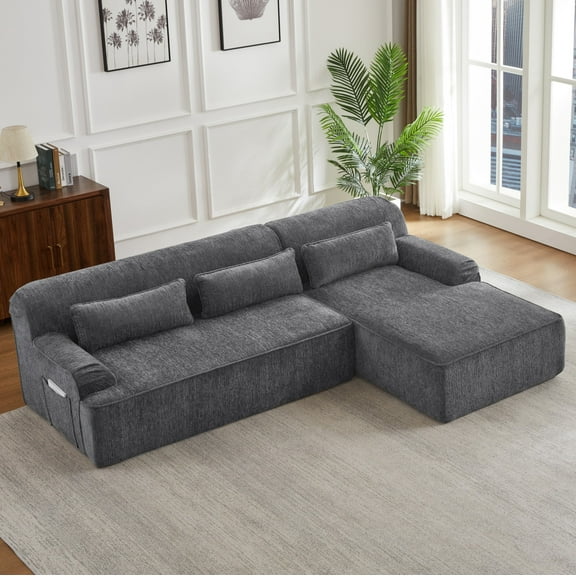 AENKYO Chenille L-Shaped Oversized Sectional Sofa, Minimalist Sleeper Couch for Living Room or Apartment, No Assembly Required (Gray,Right-Facing Chaise)