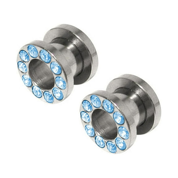 Pair of Surgical Steel Screw Fit Ear Plug Gauges with Light Blue CZ Gems