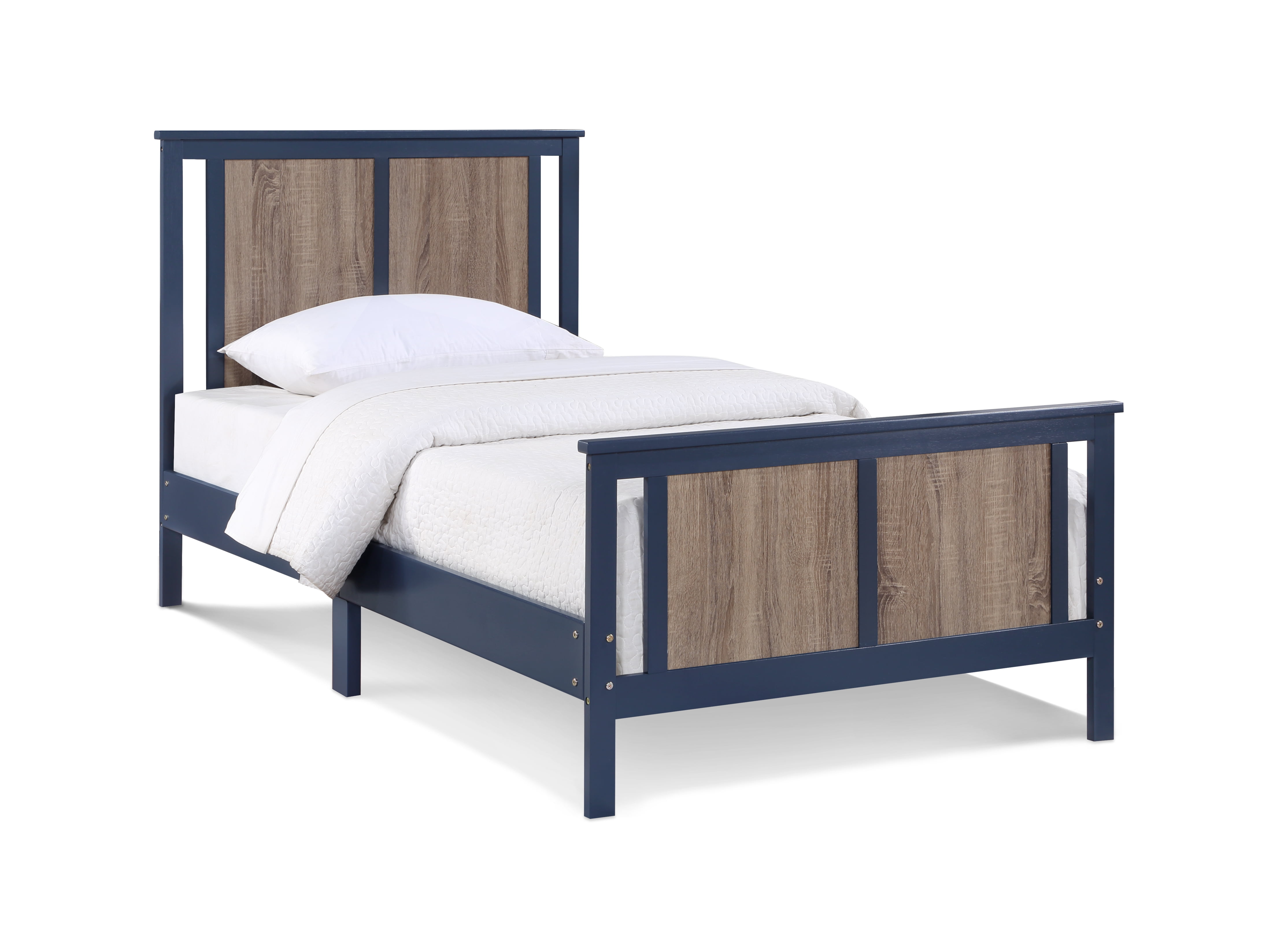 Olive & Opie Connelly Kids Twin Modern Wooden Bed with Headboard and Footboard, Blue/Vintage Walnut