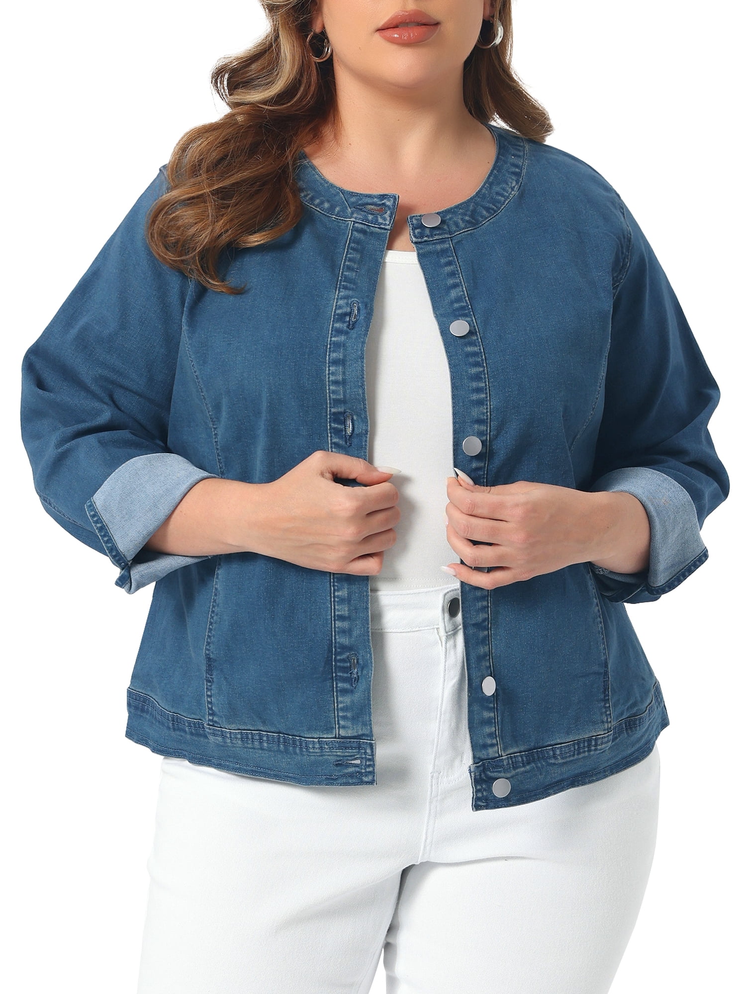 DARING DIVA Women's Plus Denim  Collarless Button Down Cargo Jean Shacket 3X Blue