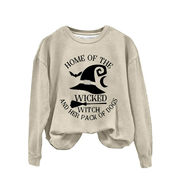 zaveiop Halloween Graphic Print Brushed Oversized Sweatshirt Crewneck Long Sleeve Shoulder Pullover Hoodie (Beige, XL)
