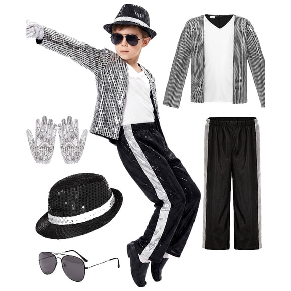 Pop Star Dance 𝐂ostume 5pcs Set for Kids Boys 5-12, Sequin Jacket 80s 90s Disco Party Stage Outfit Singer 𝐂ostume