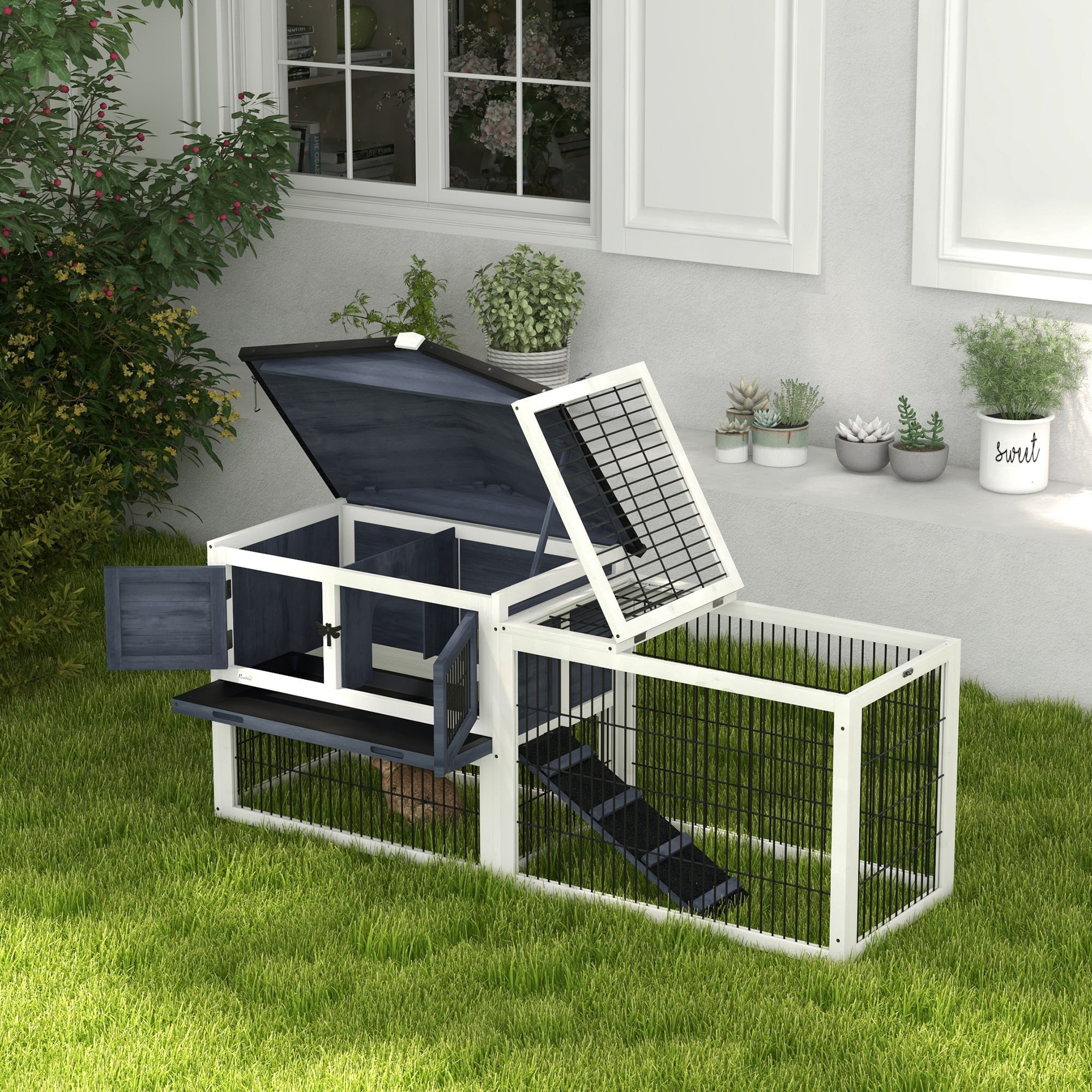 PawHut 2 Level 59" Outdoor Rabbit Hutch with Openable Top, Dark Gray