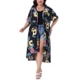 thumbnail image 1 of Cardigan de mujer en tallas grandes GRACE & GRANDEUR con estampado floral, dobladillo irregular, manga corta, cubre playa suelto, blusa con cinturón 2X negro, 1 of 1