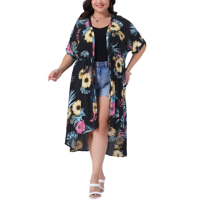 Cardigan de mujer en tallas grandes GRACE & GRANDEUR con estampado floral, dobladillo irregular, manga corta, cubre playa suelto, blusa con cinturón 2X negro