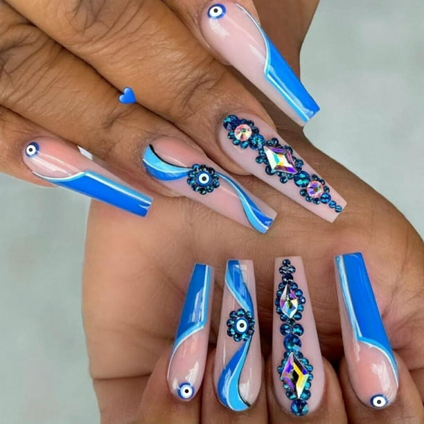 24Pcs Press on Nails Long Blue Lines Pattern Rhinestones Fake Nails French Tips Full Cover Nail Art Decoration Glossy Coffin Acrylic False Nail for Women and Girls(Blue Rhinestone) - Walmart.com 24Pcs Press On Nails Long Blue Lines Pattern Rhinestones Fake Nails French Tips Full Cover Nail Art Decoration Glossy Coffin Acrylic False Nail For Women And Girls(Blue Rhinestone) - Walmart.Com