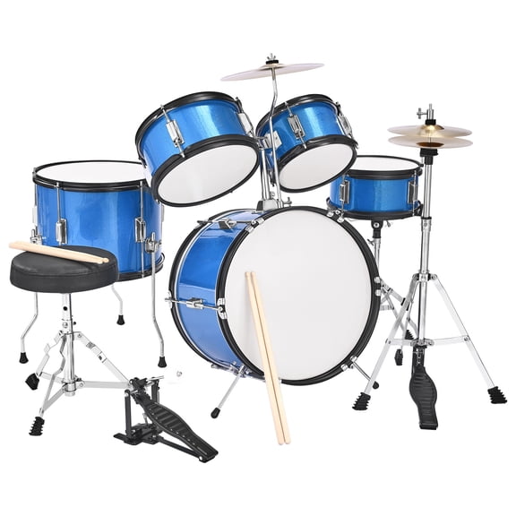 KFFKFF 5-Piece Kids Drum Set, 16-Inch Junior Drum Kit with Adjustable Seat, Cymbal, and Two Pairs of Drumsticks, Musical Instrument for Beginners, Suitable for Children Ages 6-13 (Blue)