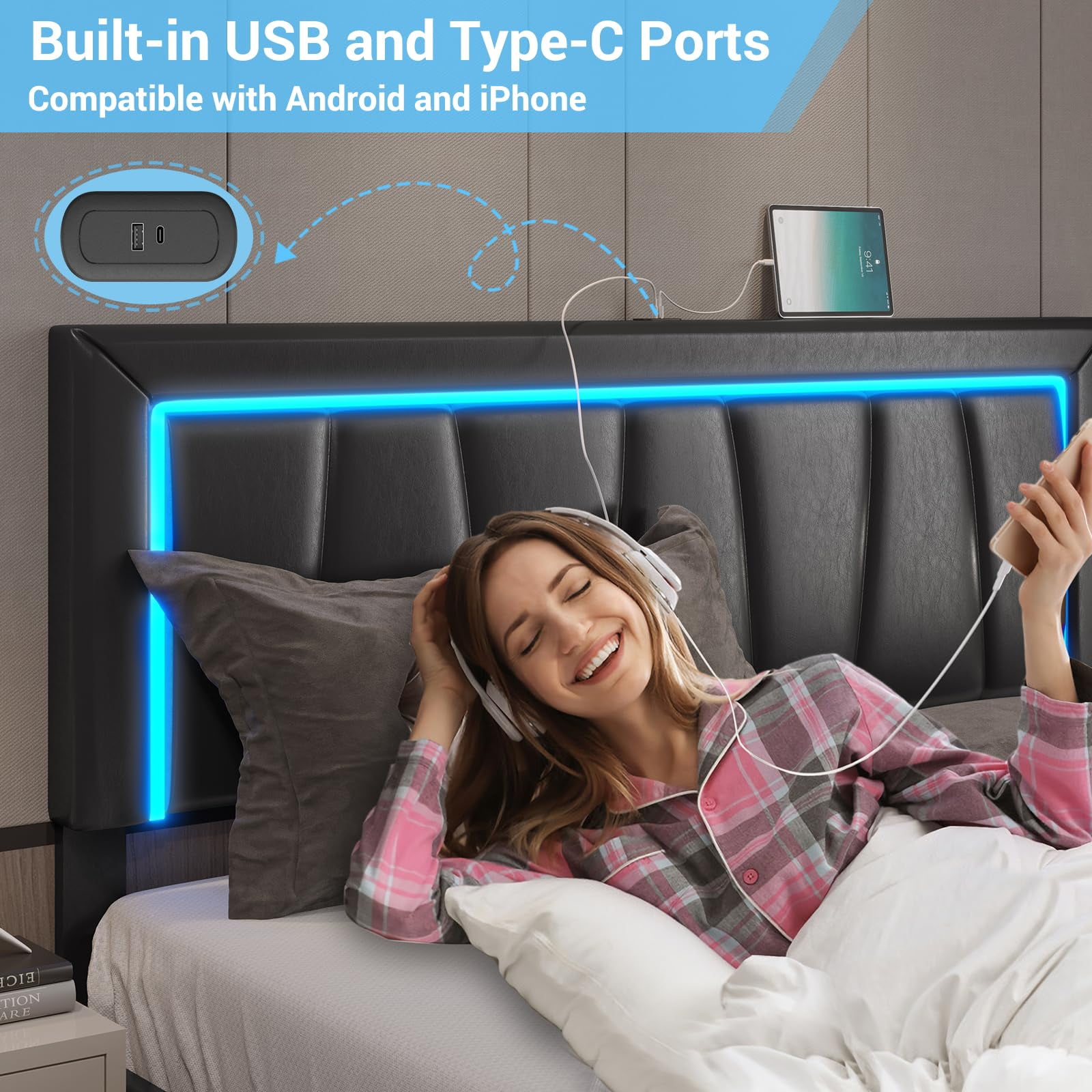 California King Bed Frame with 4 Storage Drawers & USB Ports & LED Headboard, Faux Leather Upholstered Platform Bed Frame with 3 Side Light Strip, No Spring Needed, Black