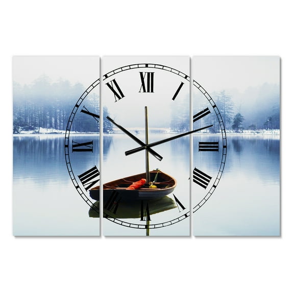 Designart 'Empty Boat On Blue Lake' Oversized Lake House Wall Clock