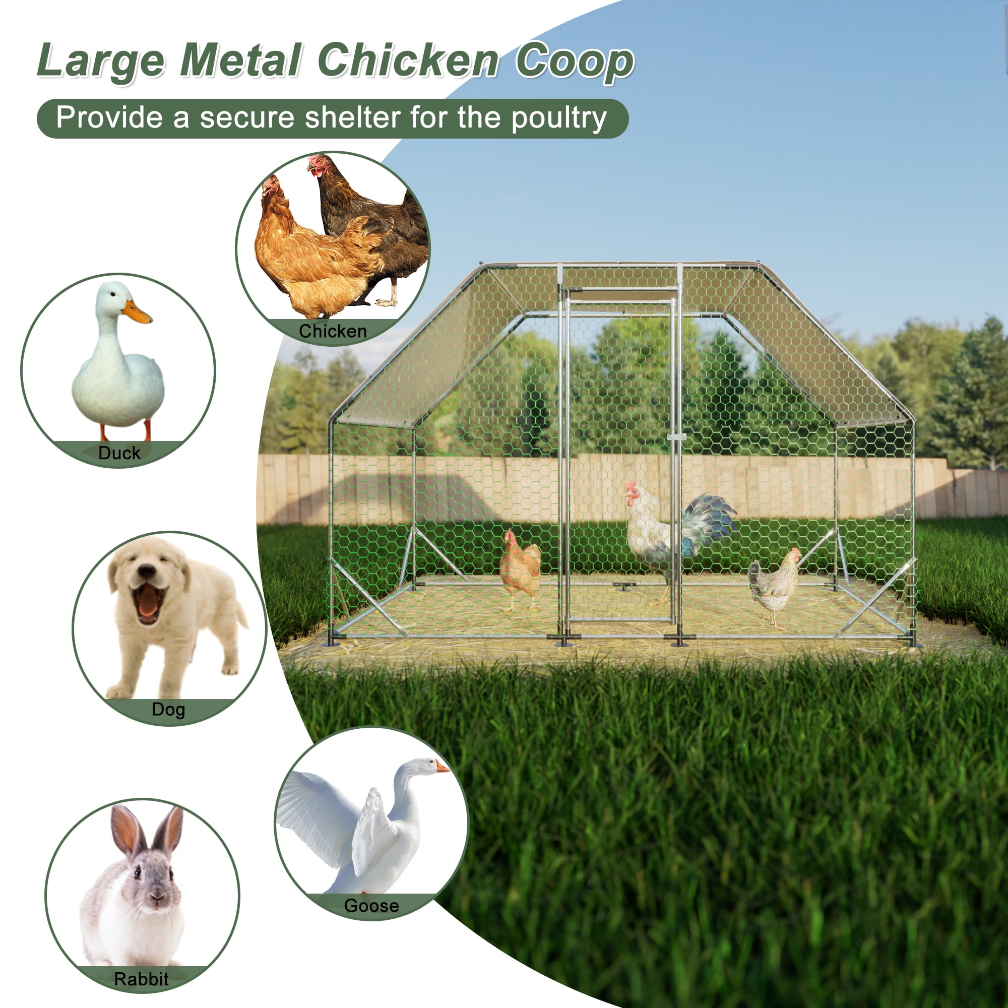 Pefilos 77" Galvanized Metal Chicken Coop for Outdoor, Large Walk in Chicken Cage Farm Poultry Run with Waterproof, Hen House for Rabbit and Chicken, Silver