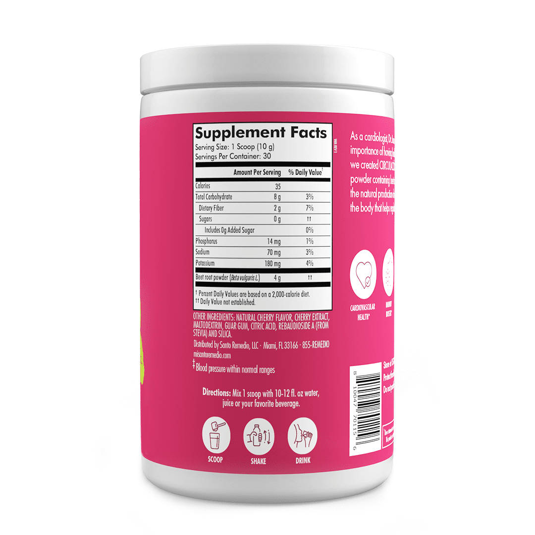 Santo Remedio Circulacion Plus, Nutritional Supplement, Beets Extract, Superfood for Circulation and Heart, Energy & Stamina, Supports Nitric Oxide and Circulation, Cherry Flavor, 30 Servings, Vegan