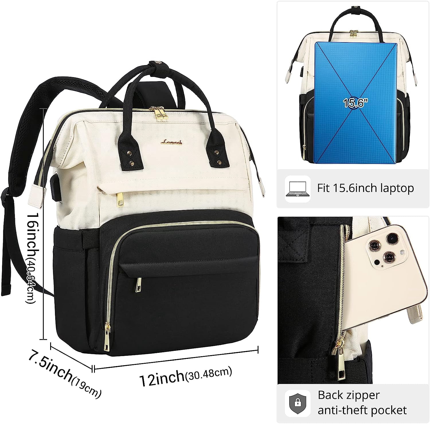Lovevook Laptop Bag 15.6",Women Work Computer Bag Teacher Nurse Backpack Purse with USB,Waterproof Travel Backpack College Bookbag(Beige-Black)