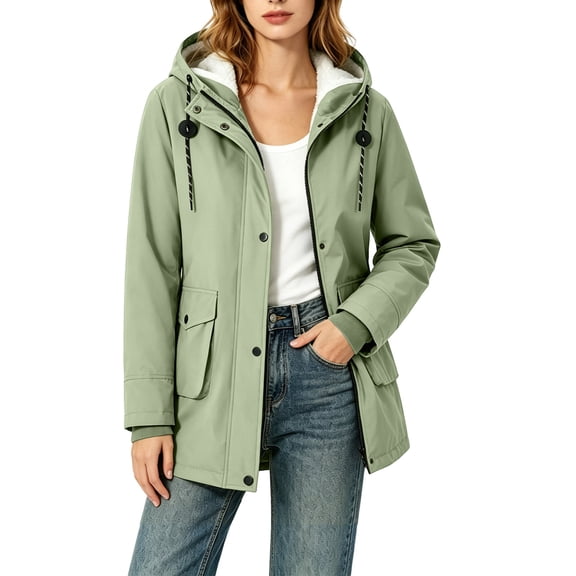 WRFWUL Women's Fleece Lined Hooded Rain Jacket Waterproof Windproof Mid Length Outerwear Warm Fall Winter Coat with Pockets