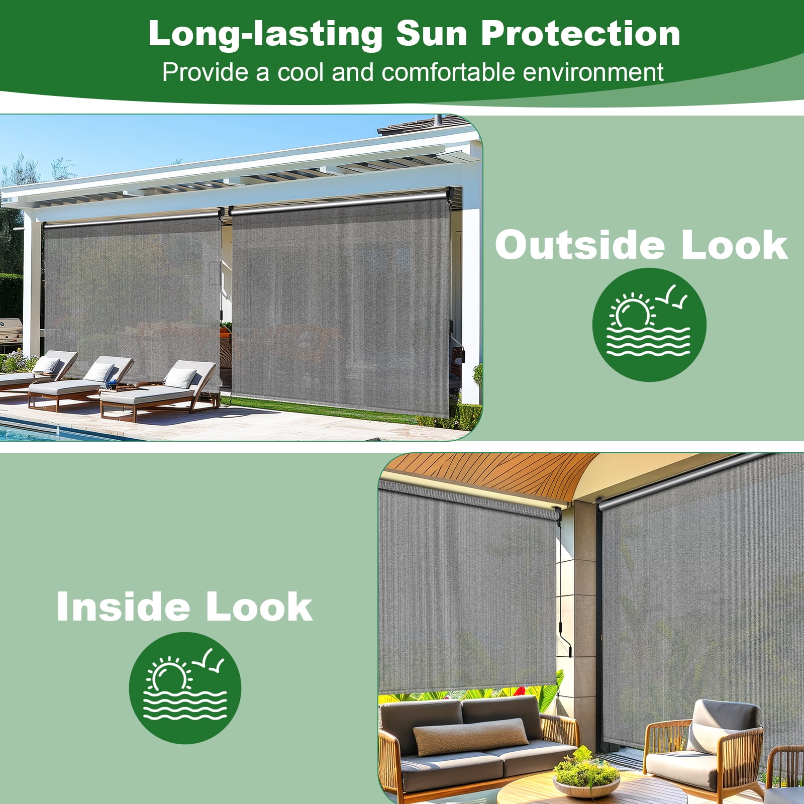 LIFERUN Outdoor Roller Sun Shade 8'W x 8'H, HDPE Shade Cloth & Aluminum Tube, Easy Install for Outdoor Pergola, Porch, and Garden (Gray)