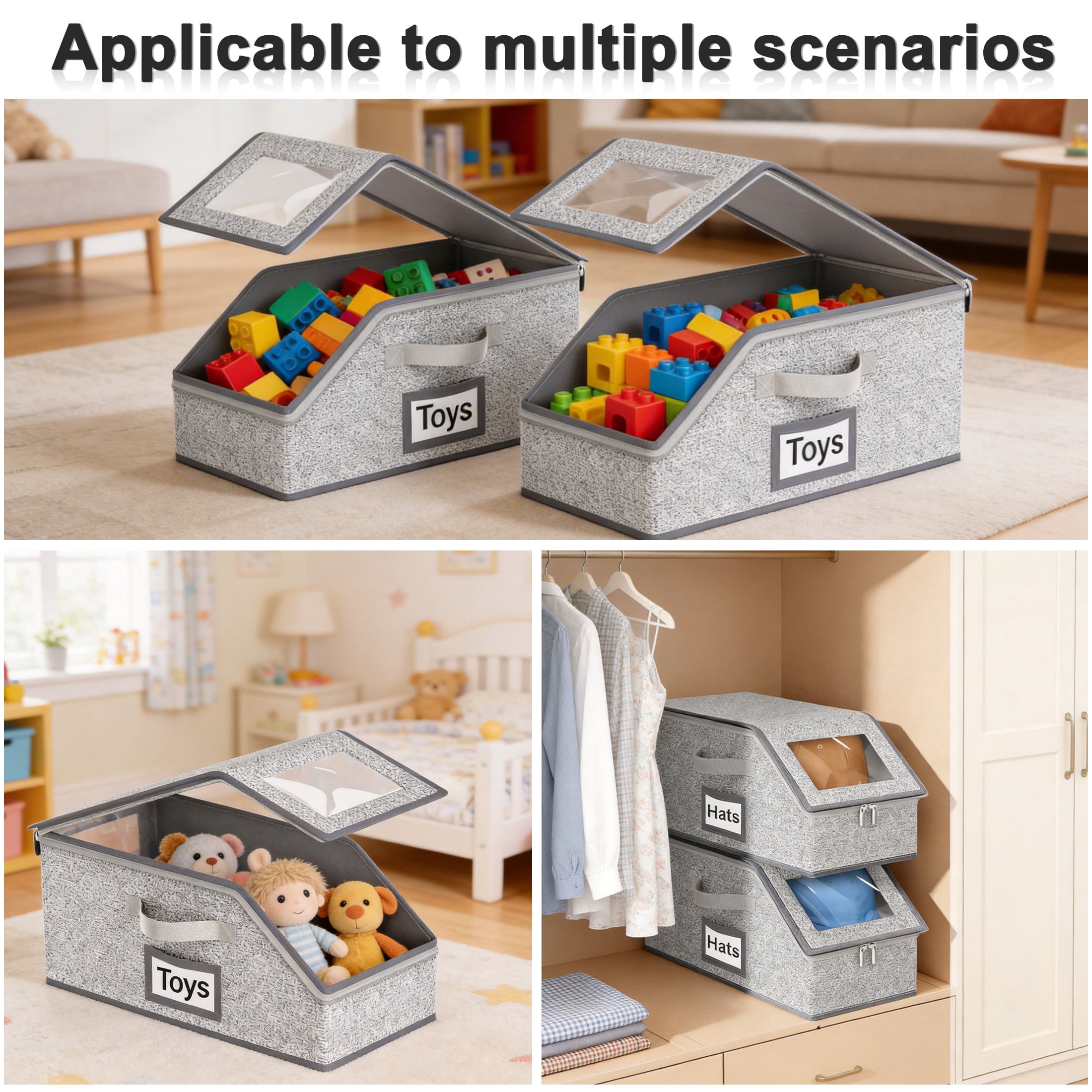 2‑Pack Hat Storage Box, Fabric Baseball Cap Organizer, Dustproof Cap Hat Storage Bin with Visible Window, Zipper & Handle for Closet Wardrobe Hats Clothes Toys Scarves