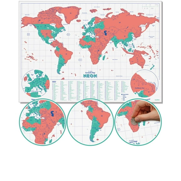 Luckies Scratch Map | Scratch Off World Map Poster | A3 Coral