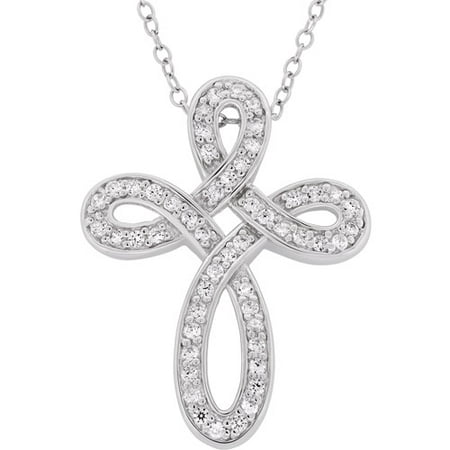 Cubic Zirconia Sterling Silver Curved Cross Pendant, 18