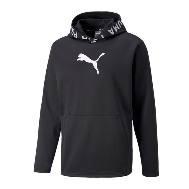 sudadera puma train pwr fleece para hombre 520893-01 negro xl puma 520893-01 sud. train pwr fleece sudadera negra con capucha, vista frontal y silueta recta; bolsillos tipo canguro, logo Puma Cat blanco en el pecho y cinta con marca PUMA en el borde de la capucha; tejido con tecnología warmCELL para atrapar el calor y líneas de corte ergonómicas para máxima libertad de movimiento; a menudo usada como capa térmica ligera para entrenamiento al aire libre.