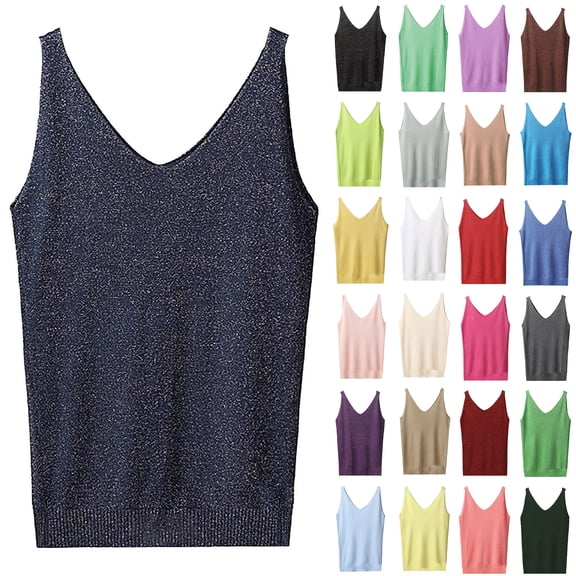 Qwertyu Women's Tank Top with Knitted Sequins Sleeveless V Neck Shirt Casual Sequins Strappy Elegant Blouses Black One Size