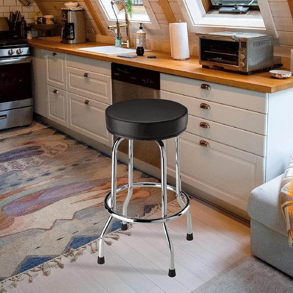 Torin Swivel Bar Stool: Padded Garage/Shop Seat with Chrome Plated Legs, Black, 28.74" Tall, 18.5" Diameter