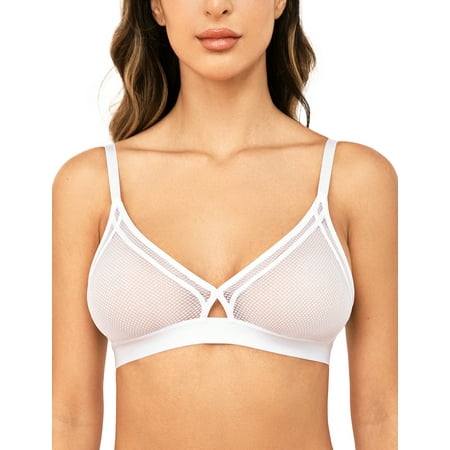 Wingslove Women s Sheer Mesh Bra See Through Sexy Lace Unlined Wireless Plunge Triangle Bra with Silicone Nipple Cover  White 36DD