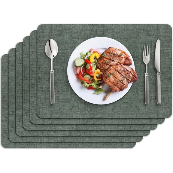 Placemats, Faux Leather Heat Resistant Placemats for Dining Table Set of 6, Waterproof Wipeable Washable Place Mats, Easy to Clean Non-Slip Table Mats, 11.8" x 17", Green