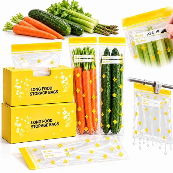 Thick Double Seal Food Storage Bags, Reusable Long Produce Bags with Pull-Out Box for Fridge and Freezer