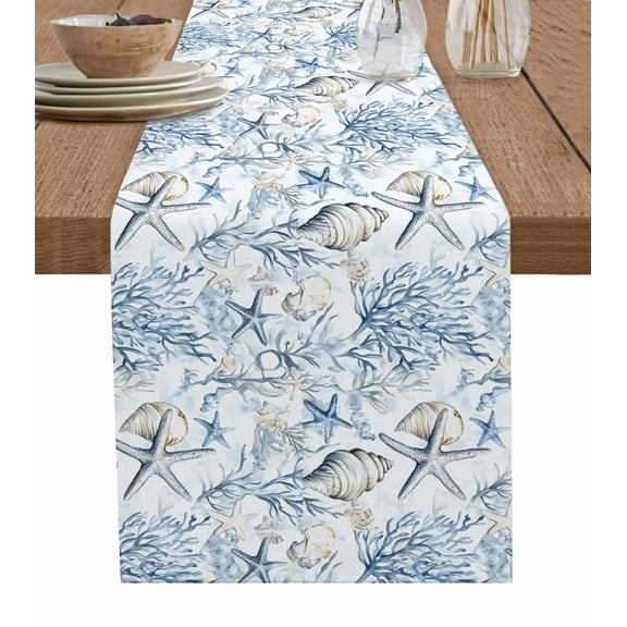Hokiten Table Runners 48 Inches Long Dress Scarves, Blue Coastal Farmhouse Kitchen/Dining Table Runner, Short Coffee Tablerunners, Ocean Coral Starfish Conch Sea Watercolor 13x48 Inch