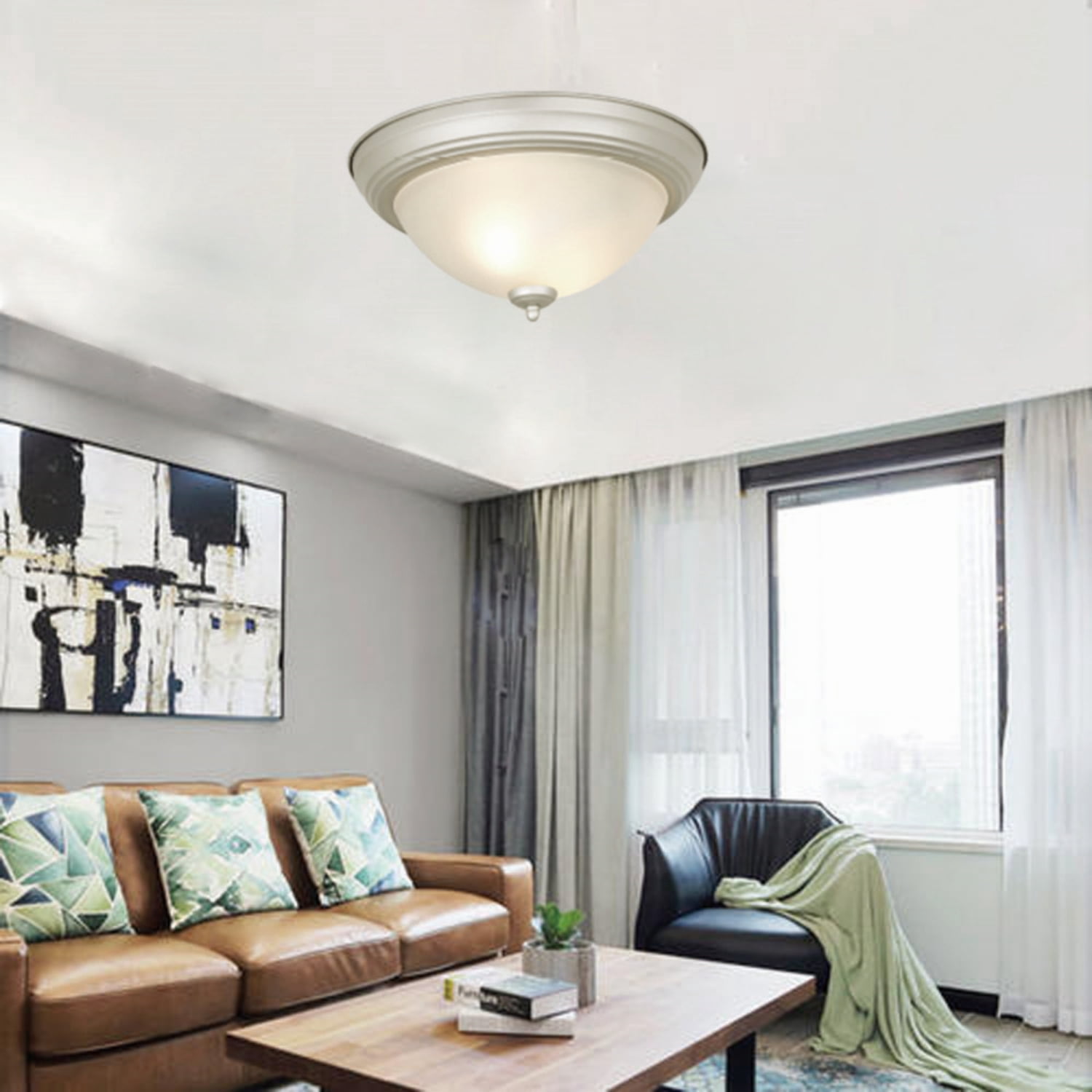 Mainstays 13" Vintage Flush Mount Ceiling Light, 8W /60W Eqv Satin Nickel, 2 Light Bulbs Included