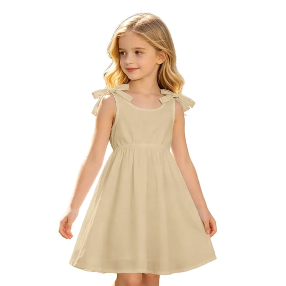 Wxolcjlv Girls Casual Dresses Solid Color Sleeveless Crewneck Dress with Bow, Sizes 3-10