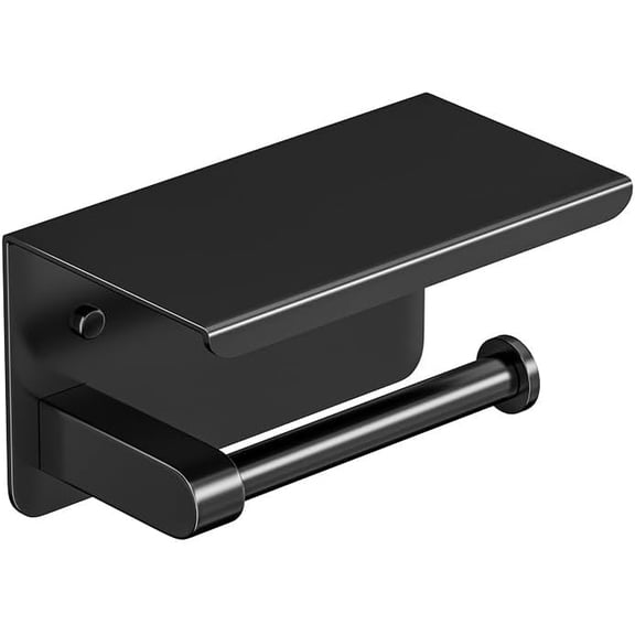 Carestrong Self Adhesive Toilet Paper Holder with Phone Shelf Stainless Steel Wall Mounted Paper Towel Holder - Rustproof and Bathroom Washroom Tissue Roll Holder with Shelf - Black