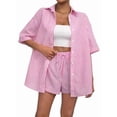 thumbnail image 3 of Womens Collar Casual Striped Short Sleeve Pants Set Two Piece Lounge Wear Summer Outfit Pink Set XS, 3 of 10
