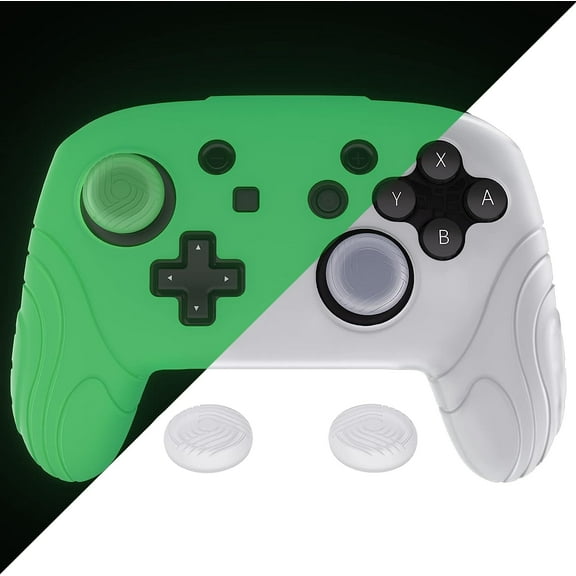 PlayVital Samurai Edition Glow in Dark Ergonomic Silicone Protective Case for Nintendo Switch Pro Controller, Soft Anti-Slip Controller Grip Protector for Nintendo Switch Pro with Thumb Grips - Green