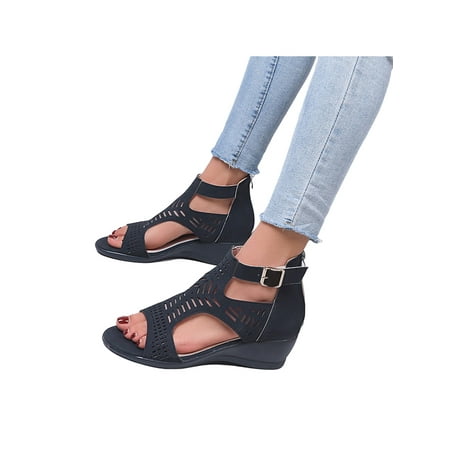 

Rockomi Women s Soft Sandals Daily Solid Color Heels & Pumps Casual Ankle Straps Lady Summer Hollow Out Wedge Buckles