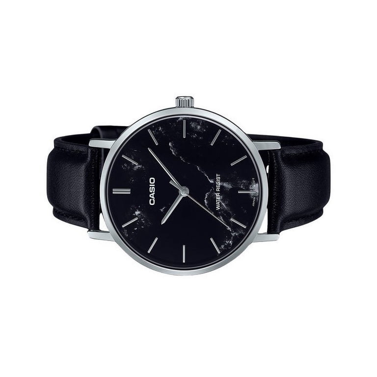 Casio Standard Analog Black Leather Strap Marble Inspired Black